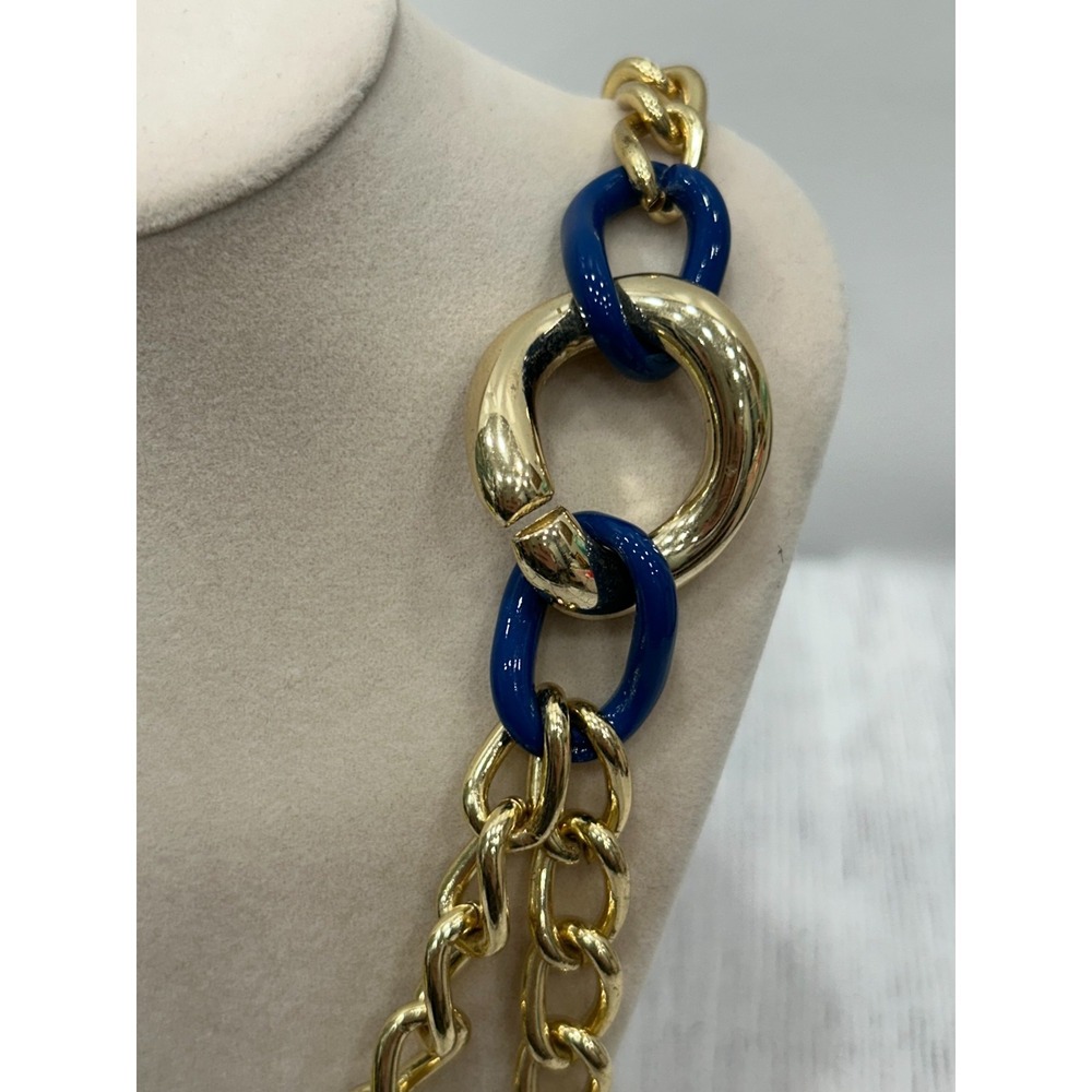 NWT Anne Klein Blue & Gold Tone Chunky Curb Chain Statement Necklace 24"‎ - Picture 2 of 8